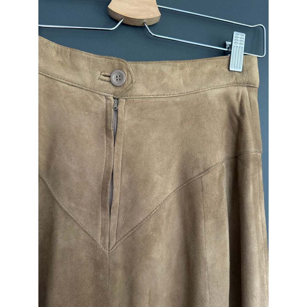 Vintage Tan Western Genuine Leather Lamb Suede Flare High Waist Midi Skirt Sz 8 - Picture 8 of 10